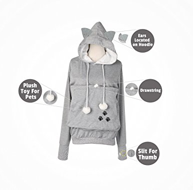 Petgaroo Womens Sweatshirt (SIZES RUN SMALLER) with Pet Holder for Cats Kittens Dogs Puppies Pet Holder Kangaroo Pouch Hoodie