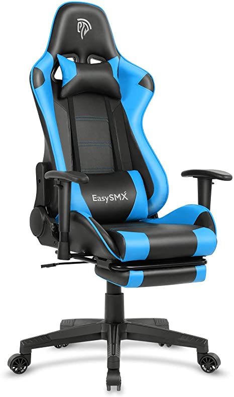 EasySMX Gaming Chair with Footrest Ergonomic Office Chair Headrest Lumbar Support Big and Tall High Back Adjustable Recline Computer Desk Chair for Adults PU Leather Swivel Chair (Blue with Footrest)