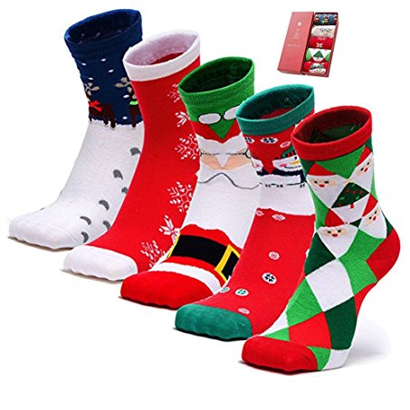 5 Pack Women’s Christmas Socks Cotton Ankle Soft Crew Xmas Socks 5 Pairs Gift Box