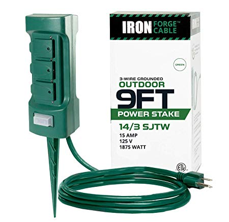 Outdoor Power Stake for Yard & Garden with 6 Outlets and 9 Foot Extension Cord - 14/3 SJTW