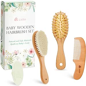 Lictin Baby Hair Brush and Comb Set, 4 Pcs Newborn Hair Brush with Soft Bristle, Natural Goat Hair and Wood Baby Cradle Cap Comb for Newborns & Toddlers, Newborn Baby Essentials, Perfect Registry Gift