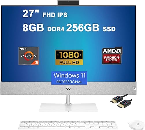 HP Pavilion 27 All-in-One Desktop Computer | 27" FHD IPS Micro-Edge Display | AMD 4-core Ryzen 3 5300U (&gt;i5-10210U) | 8GB DDR4 256GB SSD | USB-C B&O Pop-up Camera Win11Pro Silver   HDMI Cable