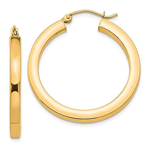 3 mm Square Hoop Tube Earrings in Genuine 14k Yellow Gold - 25 to 50mm