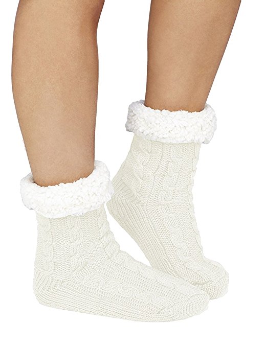Plush Sherpa Lined Slipper Socks with Non Skid Sole Knit Warm Cozy Soft Footwear