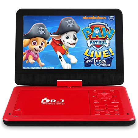 DR. J 12.5" Portable Car Video DVD Player 10.5" Internal Swivel Screen with 5 Hours Rechargeable Battery, Video Player with AV Cable Sync TV, Region-Free DVD Player with Car Charger Red