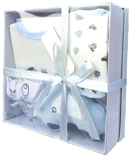 Newborn Baby Gift Set with Bodysuit, Bib, Toy, Socks in a Gift Box. 0 - 3 Months. (Blue)