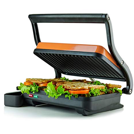 Ovente Electric Panini Press Grill, 2-Slice 1000W Heating Plate, 10.2” x 6.7”, Auto Shut Off, Copper (GP0620CO), GP0620CO-Copper