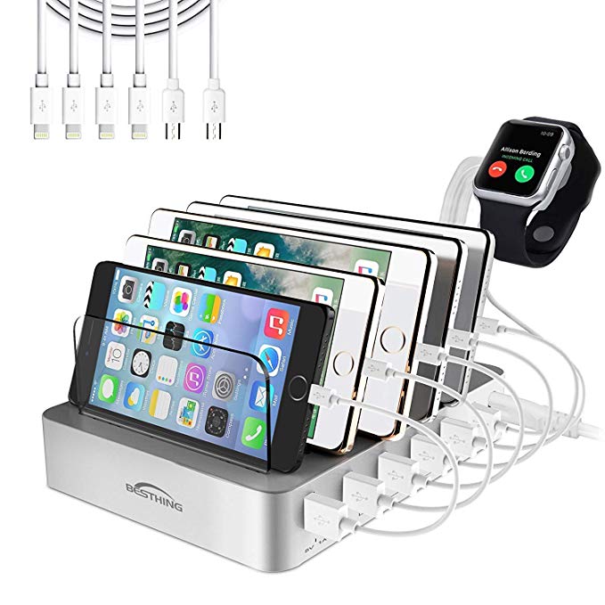 BESTHING Fast Charging Station, 6 Port USB Charging Station, Desktop Charging Stand Organizer, Phone Docking Station Removable Baffles Compatible for iPhone, iPad, Samsung, Tablet, Kindle (Silver)