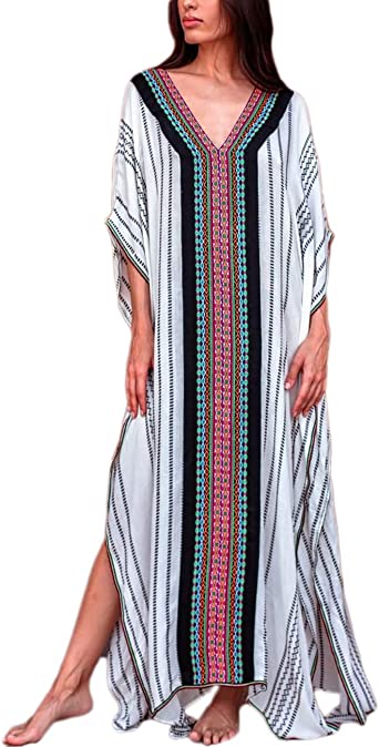 Bsubseach Women Loose Short Sleeve Swimwear Beach Caftan Dress Bathing Suit Cover Ups