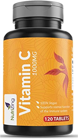 High Strength Vitamin C 1000mg - 120 Tablets for a 4 Months' Supply - Natural, Effective & Absorption Optimised - Maintains Normal Immune System Function - Vegan Pills by NutriZing