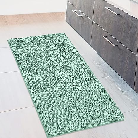 Extra Large Soft Plush Chenille Bathroom Runner Rug, Absorbent Microfiber Bath Mat, Machine Washable, Non-Slip Grip, Shag Carpet Great for Bath, Shower, Bedroom, or Door Mat (Minty Green, 27.5x47)