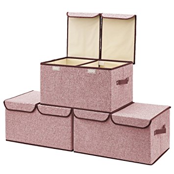 Large Storage Boxes [3-Pack] EZOWare Large Linen Fabric Foldable Storage Cubes Bin Box Containers with Lid and Handles - Wine For Home, Office, Nursery, Closet, Bedroom, Living Room