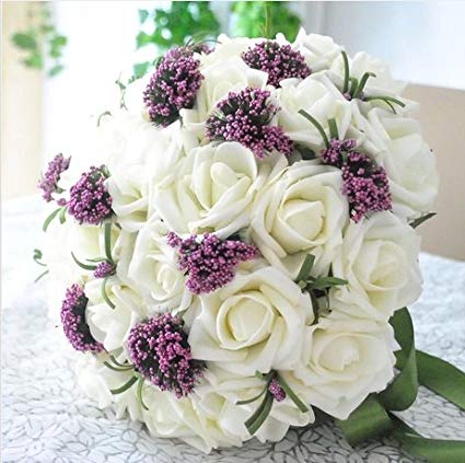 Qishi's Rose Artificial Purple&white Bouquet-bridal Wedding Bouquet 30 Pcs