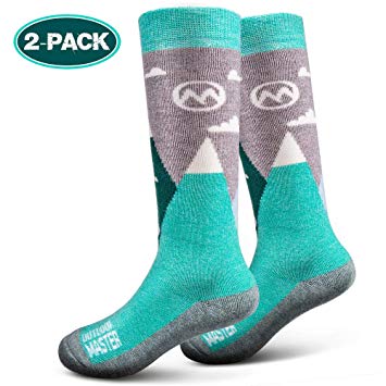 OutdoorMaster Kids Ski Socks - Merino Wool Breathable Blend, Over The Calf (OTC) with Non-Slip Cuff, Sizes 7-11.5 - 12-4 - for Boys and Girls (1 Pair or 2 Pair)