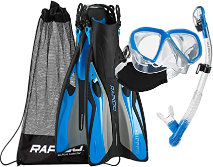 Phantom Aquatics Rapido Boutique Collection Otimo Duo Tempered Lenses Mask Fin Snorkel Snorkeling Set with Snorkel Gear Carry Bag