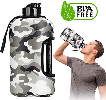 Kaptron Gym Water Bottle with Case - 2.2L Half Gallon Water Bottle with Insulated Sleeve- Bodybuilding Water Bottle - Strong Durable 2.2 Litre Water Jug with Handle - BPA Free Big Sports Water Bottle