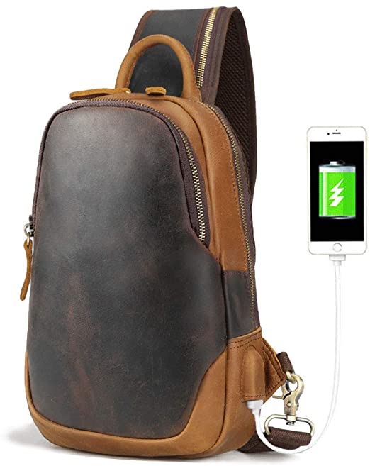 Tiding Men's Leather Sling Bag Vintage Chest Shoulder Bags Casual Crossbody Backpack with USB Charging Port