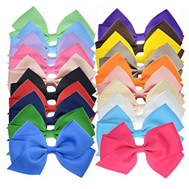 20 Bulk Ribbon Hair Bows For Girls Pure Color 4.5 Inch Giftbox Pack LCLHB
