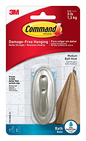 Command Traditional Plastic Bath Hook, Medium, Brushed Nickel, 1-Hook (17051BN-B)