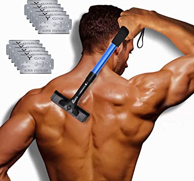 EASACE Back Groomer Back Hair Removal for Men, Back Shaver with Long Handle 21.5 Inch Adjustable, Curved DIY Body Groomer Pain-Free Shaver with 10 Refills Universal Razor Durable Double Edge (Blue)