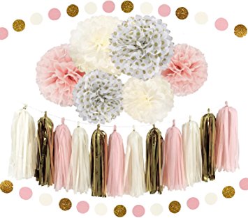 Ella Mint 20PCS Tissue Craft Decoration Kit | Pretty Party Supplies: Pom Flowers, Garland & Tassels | Pastel Pink, Gold Polka Dot & Yellow | Perfect poms for a baby shower or girls first 1st birthday.
