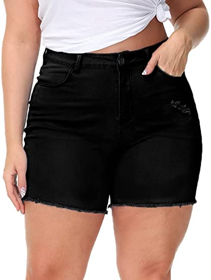 Gboomo Womens Plus Size Denim Shorts High Waisted Stretchy Raw Hem Jean Shorts with Pockets