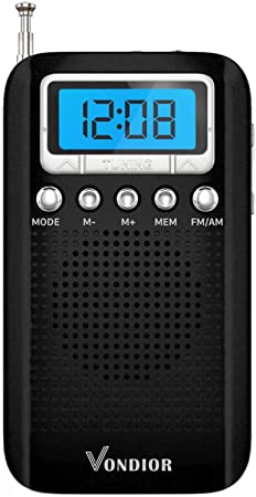 Digital AM FM Portable Pocket Radio with Alarm Clock- Best Reception and Longest Lasting. AM FM Compact Radio Player Operated by 2 AAA Battery, Stereo Headphone Socket (Black), by Vondior