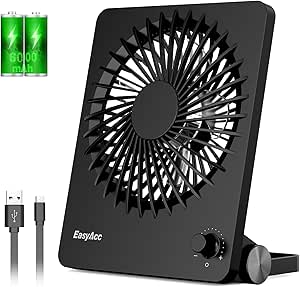 EasyAcc Powerful Desk Fan, 6000 Long Battery-Life Rechargeable Portable Personal Travel Fan with Step-Less Speed Control, Quiet Desktop Fan for Travel Office Home Outdoor Cruise Sporting Events