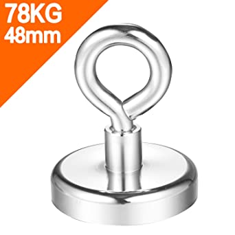 Wukong 172LBS (78KG) Pulling Force Super Powerful Round Neodymium Magnet with Eyebolt Diameter 1.89"(48mm) X Thickness 0.47"(12mm) For Sciences, Industry,Fishing and Salvage … (NFD-48mm)