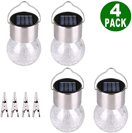 SunnyPark 4 Pack Hanging Solar Lights Outdoor, Decorative Cracked Glass Ball Lights Waterproof Solar Lanterns with Handle and Clip for Umbrella,Garden Yard, Patio, Fence, Tree, or Holiday Decoration