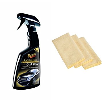 Meguiar's G7716 Gold Class Carnauba Plus Premium Quik Wax - 16 oz. with 3 AmazonBasics Thick Microfiber Cleaning Cloths