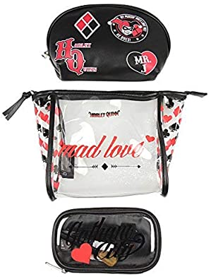 Harley Quinn Mad Love 3 Piece Cosmetic Toiletry, Make Up Bag & Brush Gift Set