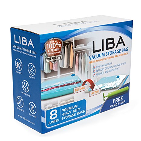 LiBa Vacuum Storage Bags (Pack of 8) with FREE Hand Pump - for Clothes Blankets Duvets Comforters Pillows Travels, Works with Any Vacuum Cleaner, Save Space by 80% (1, Jumbo)