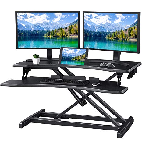 Quick Sit to Stand Desktop Gas Spring Riser (Max Height:19.3inch), 33 inch Height Adjustable Standing Desk Converter for Dual Computer Monitors & Laptop Workstation, Perfect Home Office by HUANUO