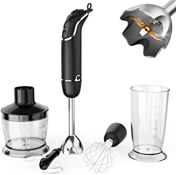 OXA Smart Quiet 800W 12-Speed 4-in-1 Immersion Hand Blender Set Includes Food Chopper, Egg Beater and Beaker, PP Slip-proof Ergonomic Grip Detachable, Comfortable Silicone Button, Anti-Splash, Black