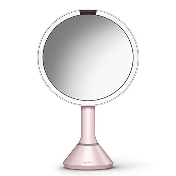 simplehuman Sensor Lighted Makeup Vanity Mirror, 8" Round with Touch-Control Brightness, 5X Magnification, Pink Stainless Steel, Rechargeable and Cordless