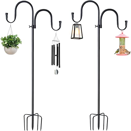 94 Inch Double Shepherds Hooks for Outdoor,Bird Feeder Pole with 5 Prongs Base,Adjustable Heavy Duty Garden Pole Stand Hange for Hanging Plant,Hummingbird Feeder,Solar Lights,Weddings Decor(2 Pack)