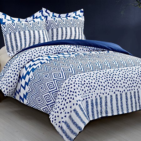 NTBAY 3 Pieces Reversible Printed Microfiber Duvet Cover Set with Hidden Zipper(King,White and Blue)