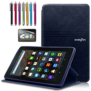 Amazon Fire 7" Case, Mignova Slim-Fit Synthetic Leather Folio Book Cover Case - Card Pocket, Kickstand Feature for Amazon Fire 7 Tablet 2015 Release   Free Screen Protector and Stylus (Navy Blue)