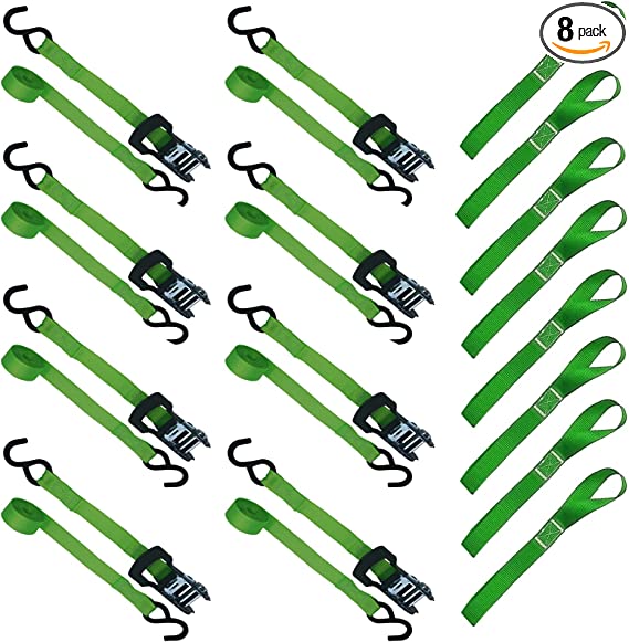 Heavy Duty Ratchet Straps, Topsky 1500lb Break Strength, 15ft Motorcycle Tie Down Straps, Cargo Straps for Trucks, ATV, Moving, 8 Pack, 8 Soft Loops(Green)