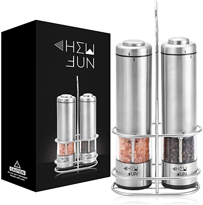 Electric Salt and Pepper Grinder Set of 2 with Metal Stand-Battery Operated Salt&Pepper Mills with LED Light-Ceramic Grinders and One Handed Operation Powered Shakers for Kitchen Tools by CHEW FUN