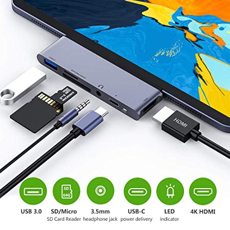 USB C Hub for iPad Pro 2018, 6 in 1 USB C to 4K HDMI Adapter with USB3.0, SD/TF Card Reader, 3.5mm Headphone Jack, PD Charging, HDMI Converter Compatible with iPad Pro 11"/12.9" 2018 & MacBook Pro