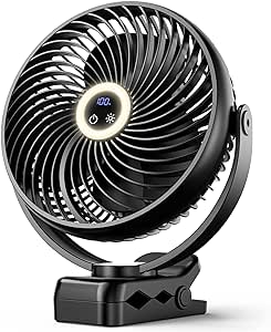 Koonie Ventilateur à Clip à Piles 10000mAh 20CM, Lanterne LED et crochet, Ventilateur USB portable, 3 Vitesses, Pince Robuste pour Bureau Personnel, Voiture de Golf, Voyage en plein air, Camping