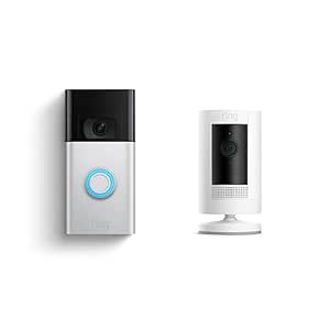 Ring Video Doorbell Satin Nickel with Ring Stick Up Cam Battery | white