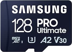 Samsung PRO Ultimate microSD memory card, 128 GB, UHS-I U3, 200 MB/s read, 130 MB/s write, Includes USB card reader, For smartphone, drone or action cam