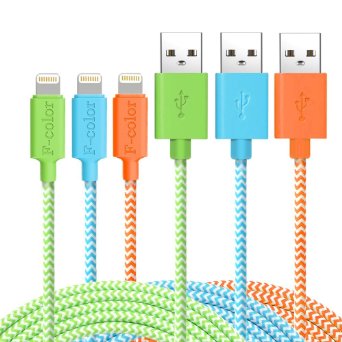 iPhone 5S Charger, 3 Pack Lightning Cable, 6 Ft F-color Braided Apple Certified Lightning iPhone Charger for iPhone 6S 6 Plus 5S 5C 5 iPhone SE, iPad 4 Air 2 Mini 2 3 4 iPad Pro Orange Green Blue