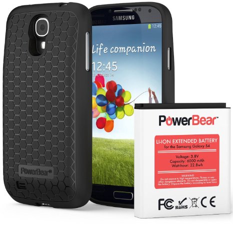 PowerBear Samsung Galaxy S4 6000mAh Extended Battery & Back Cover & Protective Case (Up to 2.3X Extra Battery Power) - Black [24 Month Warranty & Screen Protector Included]