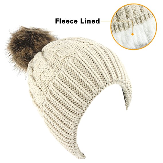 Women's Winter Fleece Lined Cable Knitted Pom Pom Beanie Hat