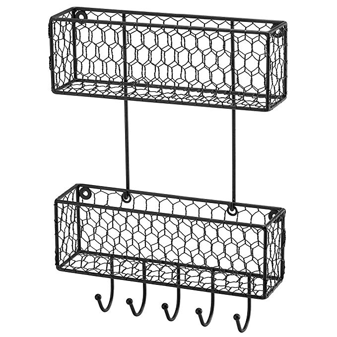MyGift 2 Tier Wall Hanging Metal Chicken Wire Organizer Baskets, Entryway Mail Sorter with 5 Key Hooks
