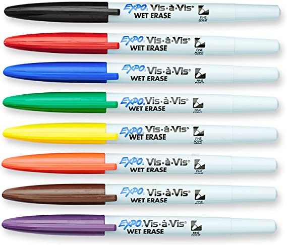 EXPO Vis-A-Vis Wet-Erase Overhead Transparency Markers, Fine Point, Assorted Colors, 8-Count